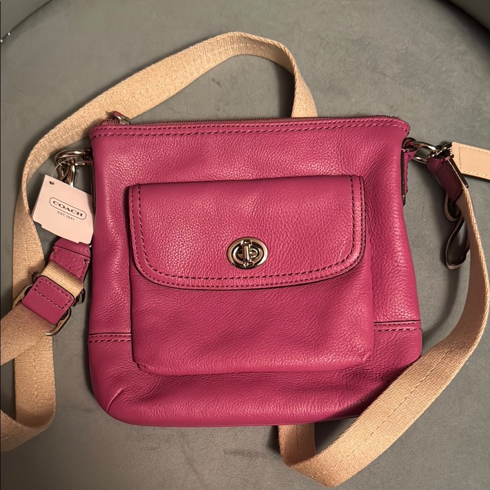 Coach Pink and Tan Leather Small Crossbody Bag with Adjustable Strap